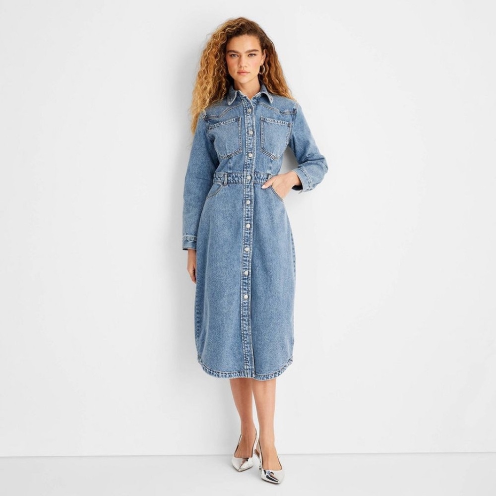 NEW Women's Long Sleeve Denim Midi Dress - Future Collective Medium Wash 16 - Picture 3 of 15
